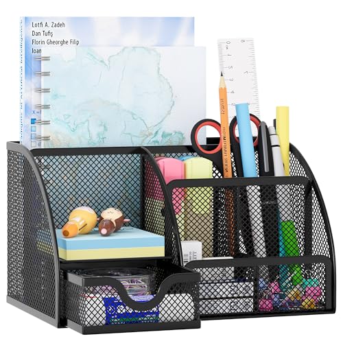 EasyPAG Mesh Desk Organizer with Drawer Multi-functional Pen Holder Stationery Organizer for Office School Supplies 6 Compartments Dorm Organizers and Storage for Desk, Black - Image 1