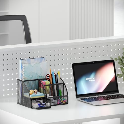 EasyPAG Mesh Desk Organizer with Drawer Multi-functional Pen Holder Stationery Organizer for Office School Supplies 6 Compartments Dorm Organizers and Storage for Desk, Black - Image 5