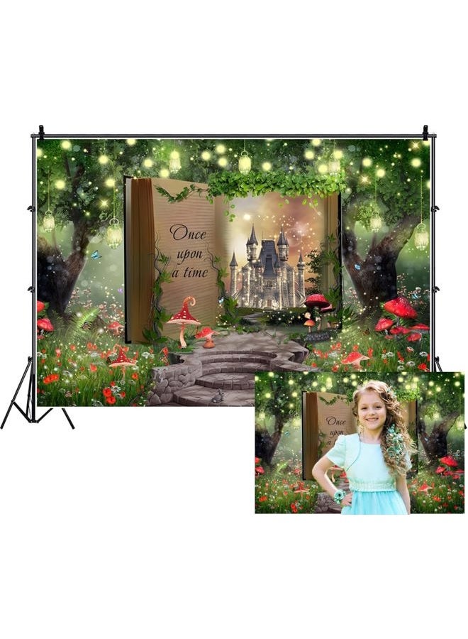 Renaiss 7x5ft Enchanted Forest Backdrop Fantasy Mushroom Fairy Tale Books Magic Castle Green Tree Pathway Wonderland Photography Background for Newborn Baby Shower Decor Photo Booth Props - Image 1