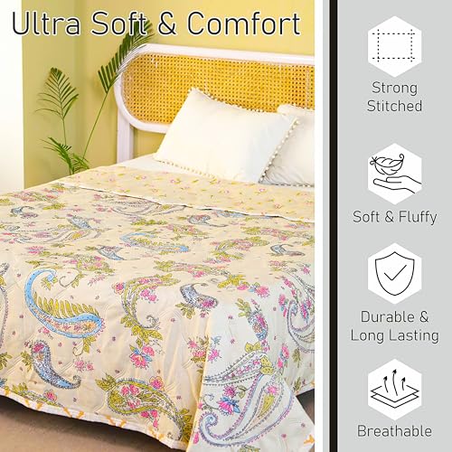 Fancy Walas Dohar Double Bed 100% Cotton Blankets for Summer | 90x100inch, 150GSM Ac Comforter and Cooling Blankets for Summer | Cream Color Curry | Classic Printed Design | Quilt | Ideal for Gifting - Image 2