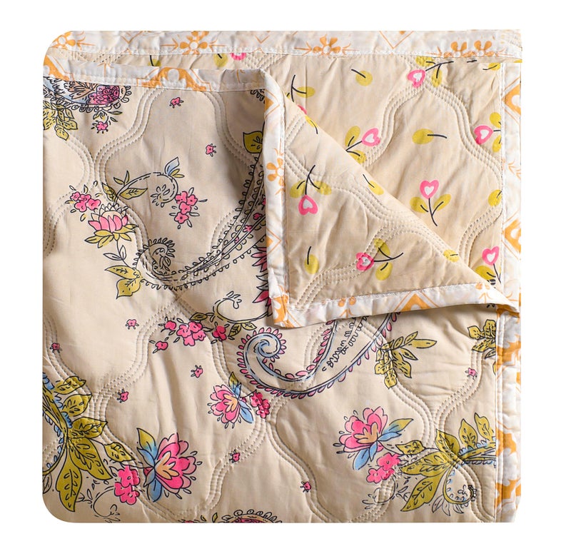 Fancy Walas Dohar Double Bed 100% Cotton Blankets for Summer | 90x100inch, 150GSM Ac Comforter and Cooling Blankets for Summer | Cream Color Curry | Classic Printed Design | Quilt | Ideal for Gifting - Image 1