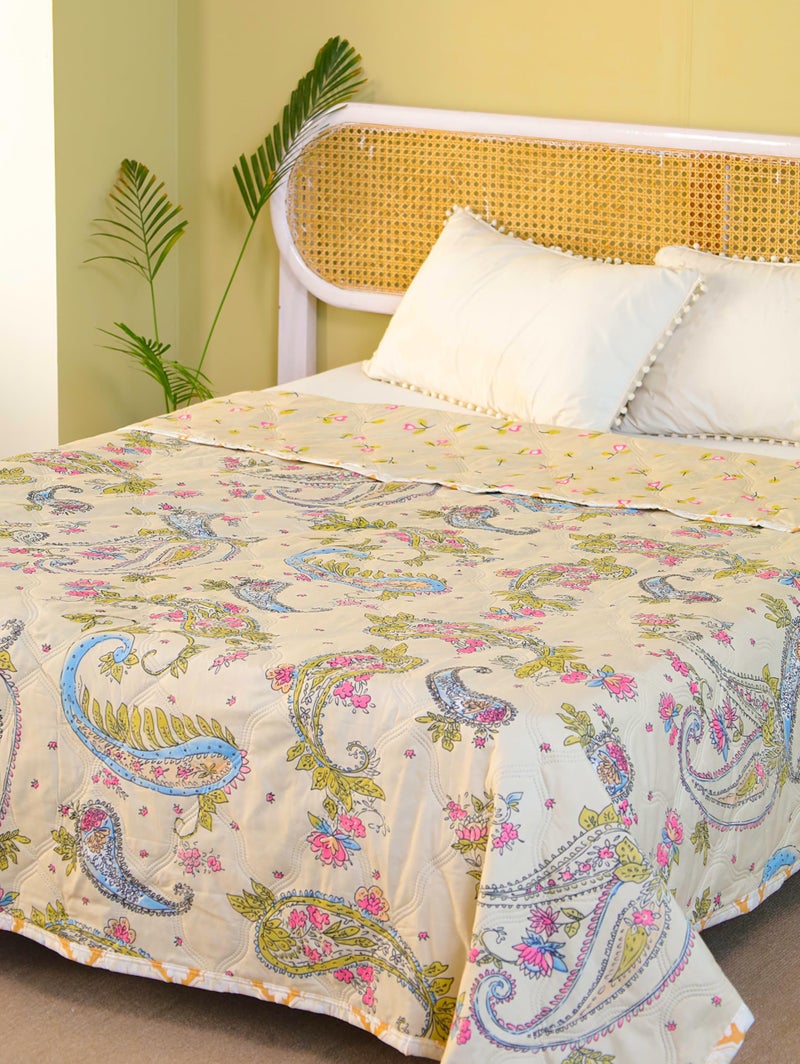 Fancy Walas Dohar Double Bed 100% Cotton Blankets for Summer | 90x100inch, 150GSM Ac Comforter and Cooling Blankets for Summer | Cream Color Curry | Classic Printed Design | Quilt | Ideal for Gifting - Image 5