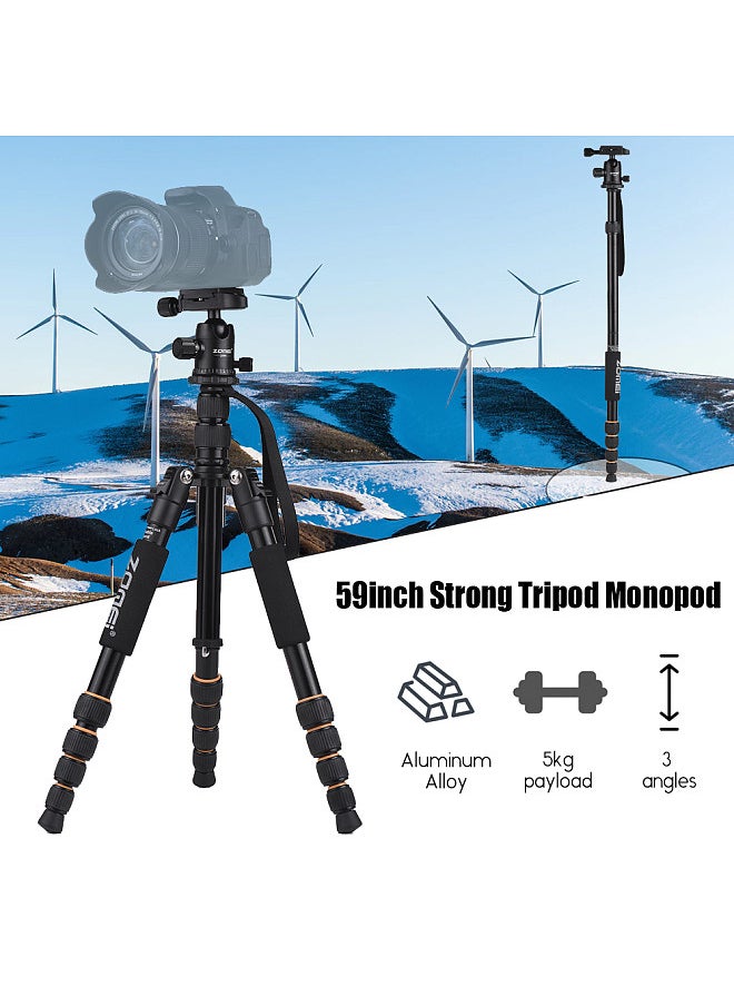 Zomei - ZOMEI Q666 59inch Compact Travel Portable Aluminum Alloy Camera Tripod Monopod with Ball Head/ Quick Release Plate/ Carry Bag for DSLR Camera - Image 1
