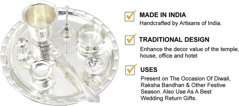 Nobility Pooja Thali Set 8 Inch Silver Plated Festival Ethnic Puja Thali for Diwali Home Temple Office Wedding Return Gift Items for Temple Office Home Wedding Return Gifts - Image 2