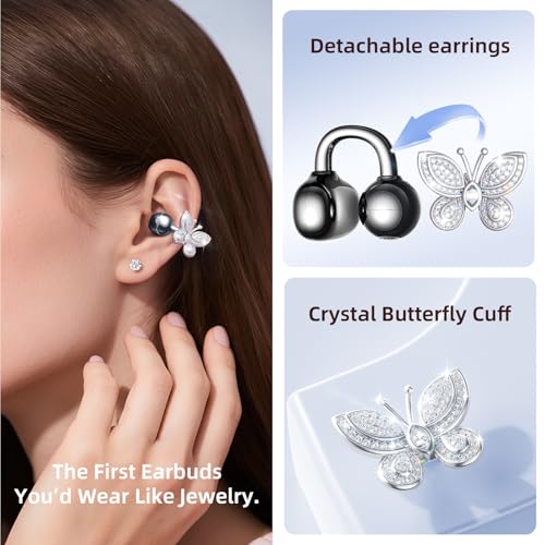 Kinglucky Jewelry-Inspired Clip-On Earbuds with Butterfly Earrings, Comfortable Fit & 50H Playtime Open Ear Bluetooth 5.4 Wireless Headphones for Women, Small Ears, Sports & Workouts (Black) - Image 2