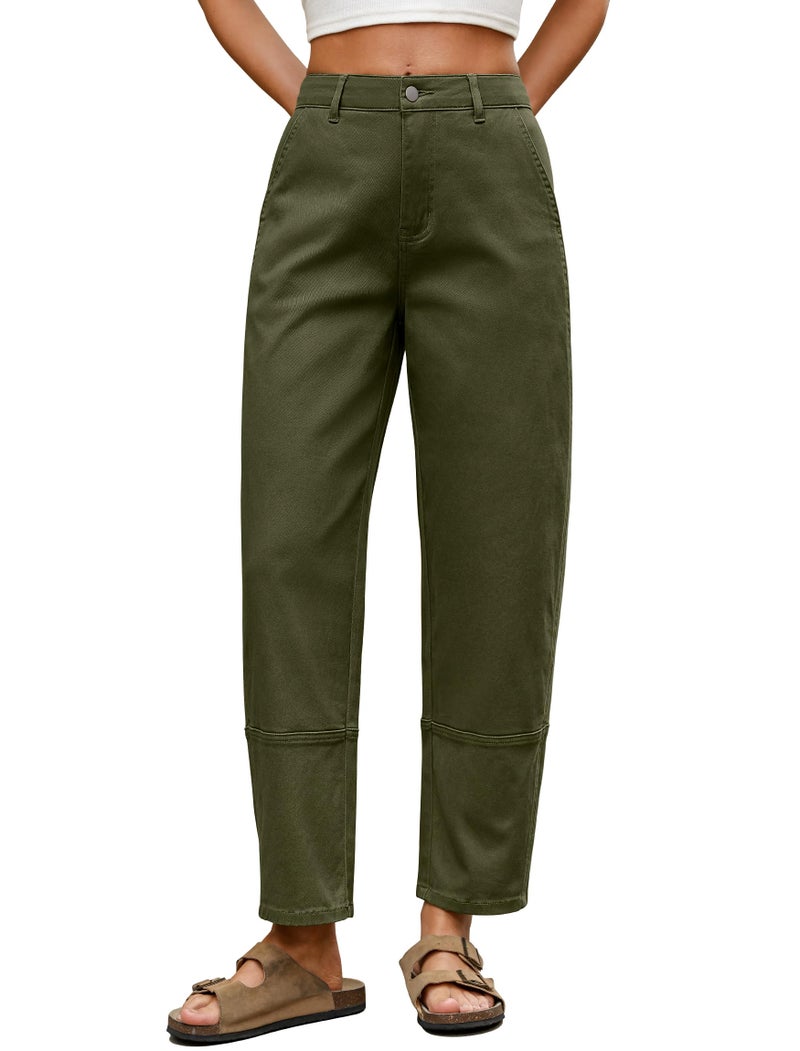 Eddoyee Women Barrel Cropped Pants, High Waisted Casual Loose Pants Harem Trousers with Cuff Split Designï¼ˆArmy Green XLï¼‰ - Image 1