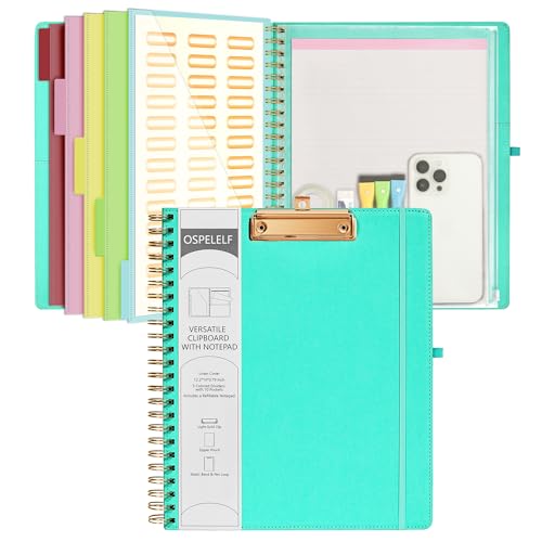 Ospelelf Foldable Spiral Clipboard Folio with Storage Zipper Pouch, 5 Plastic Folders with 10 Pockets,Refillable Lined Notepad (11" x 8.5"), Hardcover Project Organizer with 39 Stickers (Aqua) - Image 1