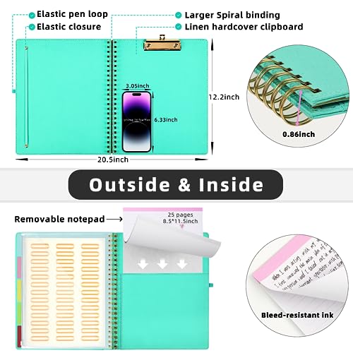Ospelelf Foldable Spiral Clipboard Folio with Storage Zipper Pouch, 5 Plastic Folders with 10 Pockets,Refillable Lined Notepad (11" x 8.5"), Hardcover Project Organizer with 39 Stickers (Aqua) - Image 3