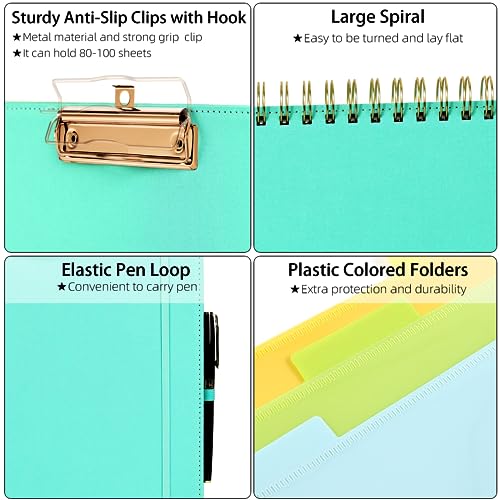 Ospelelf Foldable Spiral Clipboard Folio with Storage Zipper Pouch, 5 Plastic Folders with 10 Pockets,Refillable Lined Notepad (11" x 8.5"), Hardcover Project Organizer with 39 Stickers (Aqua) - Image 4