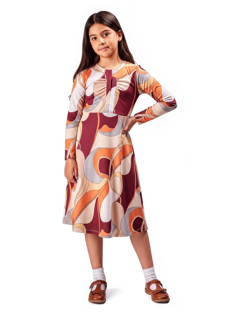 HELLCAT Girls Floral Printed Orange Casual Midi Dress for 11-16 Years | Western A-Line Midi Dress for Girls | Girls Stylish Full Sleeve Dress_Orange_11-12 Years - Image 1