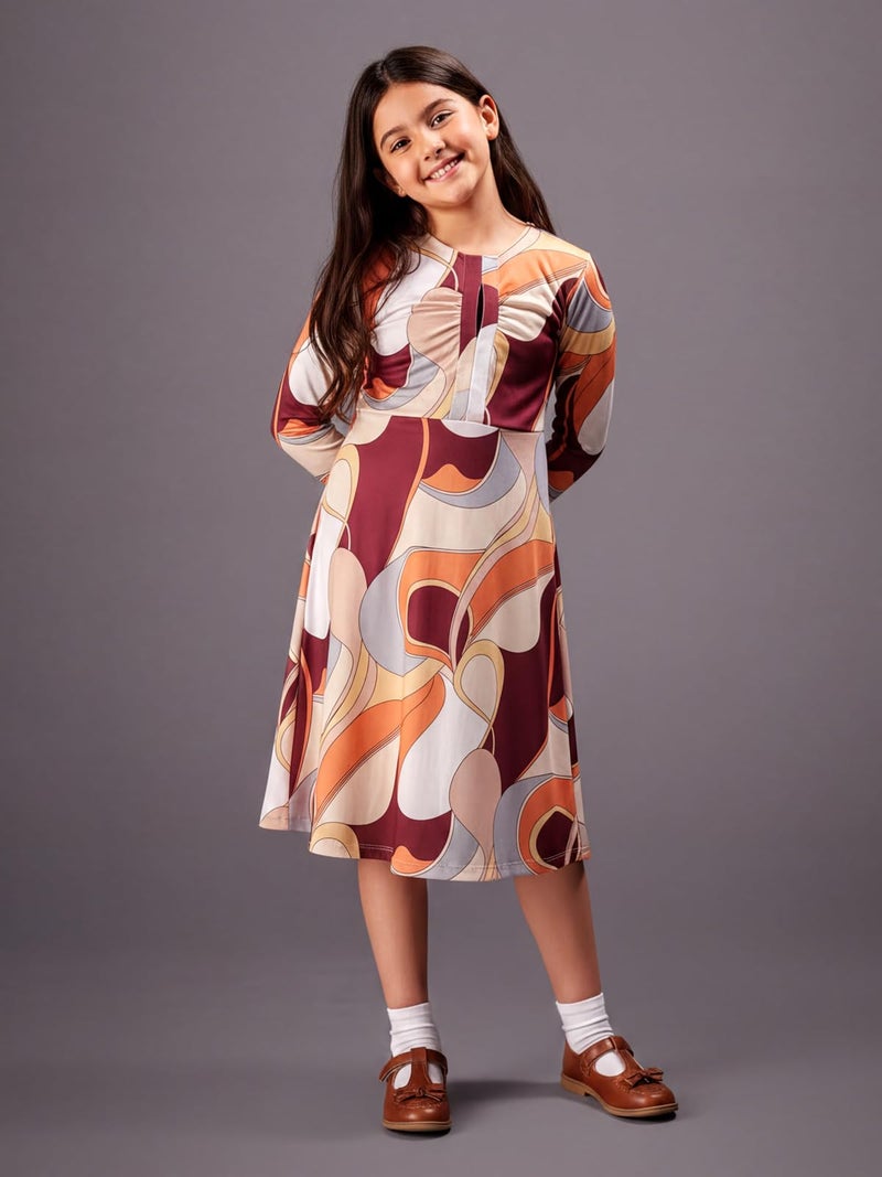 HELLCAT Girls Floral Printed Orange Casual Midi Dress for 11-16 Years | Western A-Line Midi Dress for Girls | Girls Stylish Full Sleeve Dress_Orange_11-12 Years - Image 2