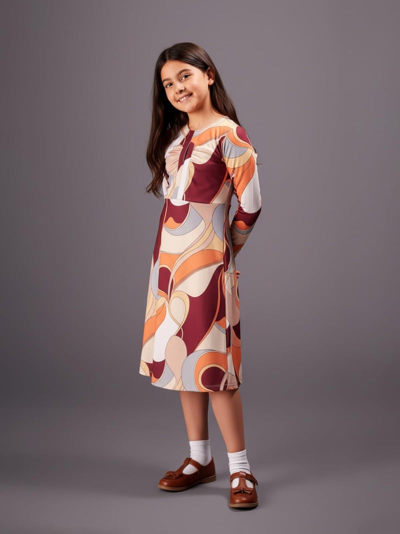 HELLCAT Girls Floral Printed Orange Casual Midi Dress for 11-16 Years | Western A-Line Midi Dress for Girls | Girls Stylish Full Sleeve Dress_Orange_11-12 Years - Image 5