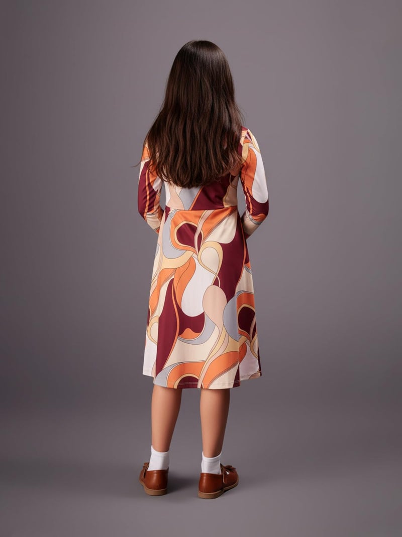 HELLCAT Girls Floral Printed Orange Casual Midi Dress for 11-16 Years | Western A-Line Midi Dress for Girls | Girls Stylish Full Sleeve Dress_Orange_11-12 Years - Image 4