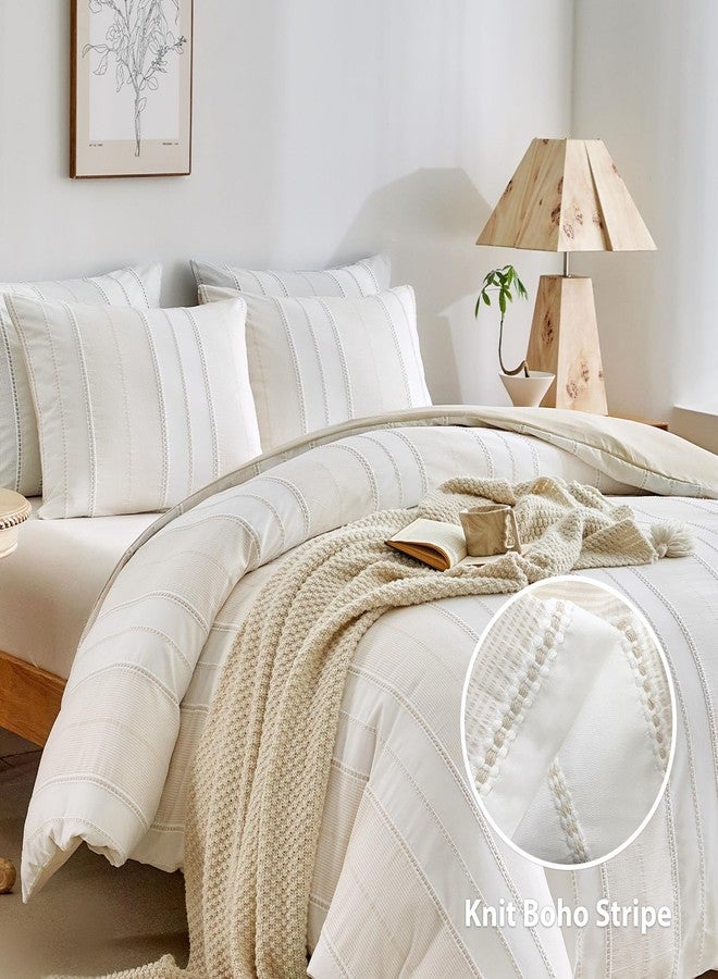 WARMDERN Khaki Striped Weave Duvet Cover King Size, White Knit Boho Duvet Cover Set, Microfiber Textured Bedding Set with Zipper Closure and Corner Ties (Khaki, King) - Image 2