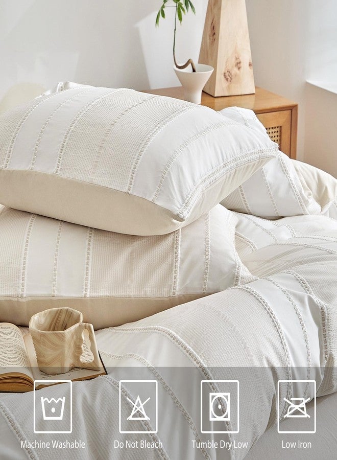 WARMDERN Khaki Striped Weave Duvet Cover King Size, White Knit Boho Duvet Cover Set, Microfiber Textured Bedding Set with Zipper Closure and Corner Ties (Khaki, King) - Image 4