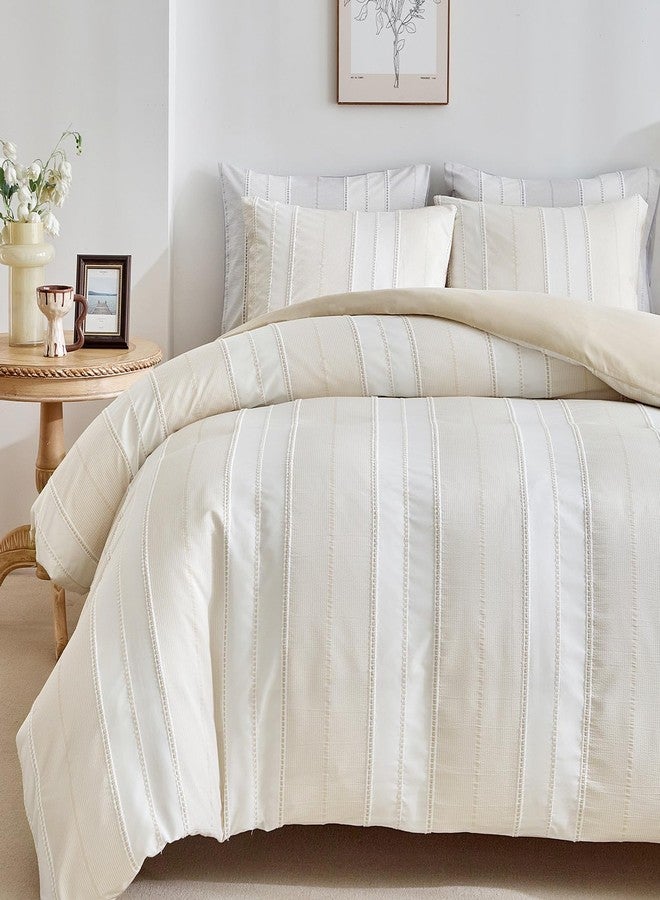 WARMDERN Khaki Striped Weave Duvet Cover King Size, White Knit Boho Duvet Cover Set, Microfiber Textured Bedding Set with Zipper Closure and Corner Ties (Khaki, King) - Image 1