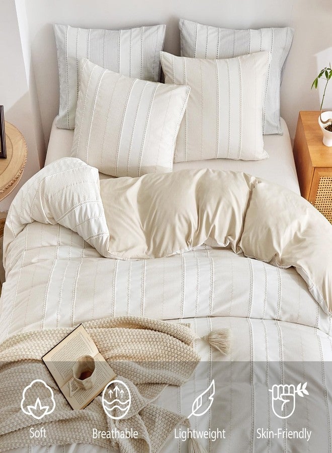 WARMDERN Khaki Striped Weave Duvet Cover King Size, White Knit Boho Duvet Cover Set, Microfiber Textured Bedding Set with Zipper Closure and Corner Ties (Khaki, King) - Image 3
