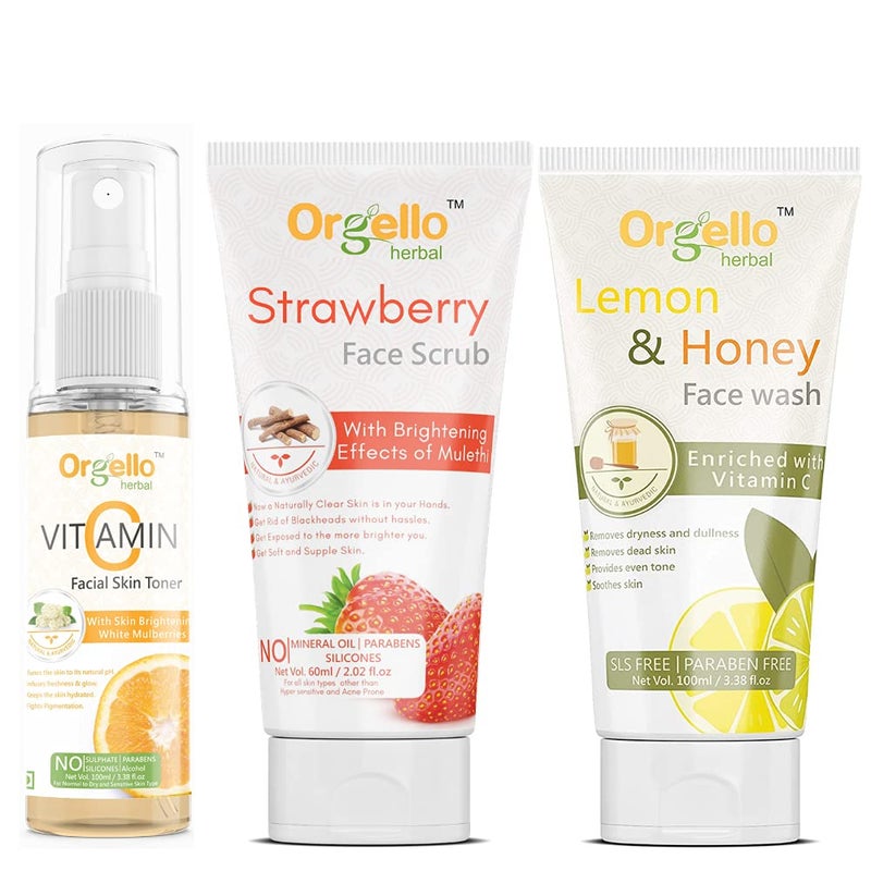 Orgello Herbal Skin Care Combo Of Vitamin C Facial Skin Toner 100 ml Lemon and Honey Face Wash 100 ml Strawberry Scrub 60g Pack Of 3 - Image 1