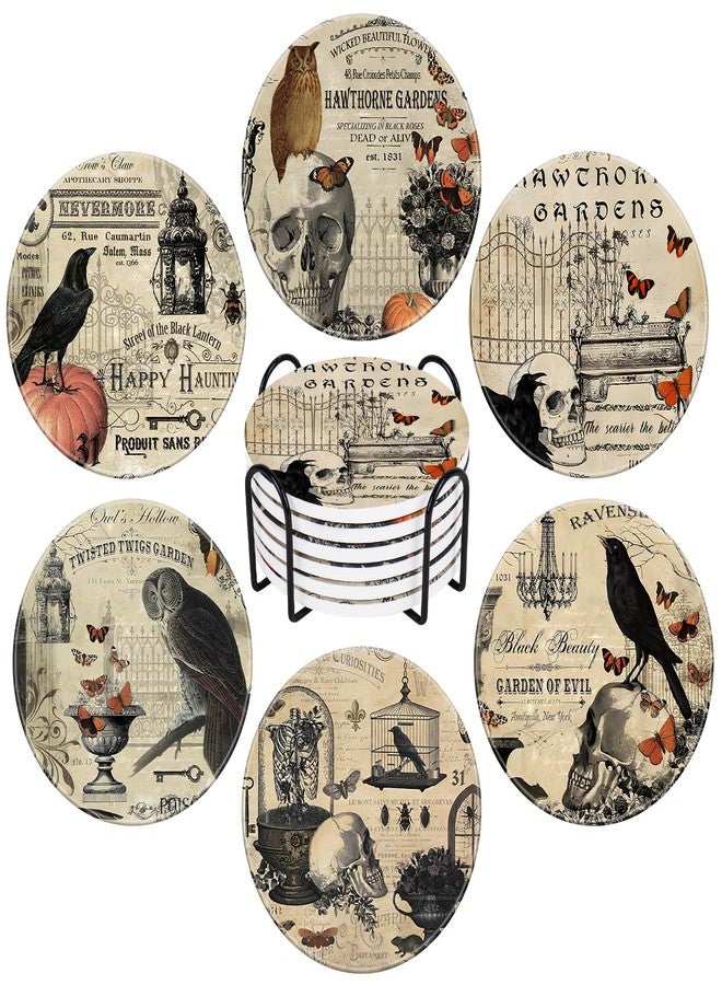 Whaline 6Pcs Halloween Coasters with Holder Vintage Owl Crow Skull Ceramic Drink Coasters Absorbent Cup Mat for Home Kitchen Party Table Protection - Image 1
