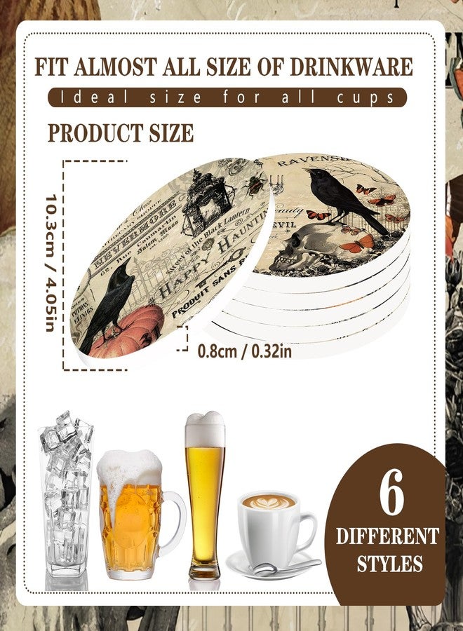 Whaline 6Pcs Halloween Coasters with Holder Vintage Owl Crow Skull Ceramic Drink Coasters Absorbent Cup Mat for Home Kitchen Party Table Protection - Image 2