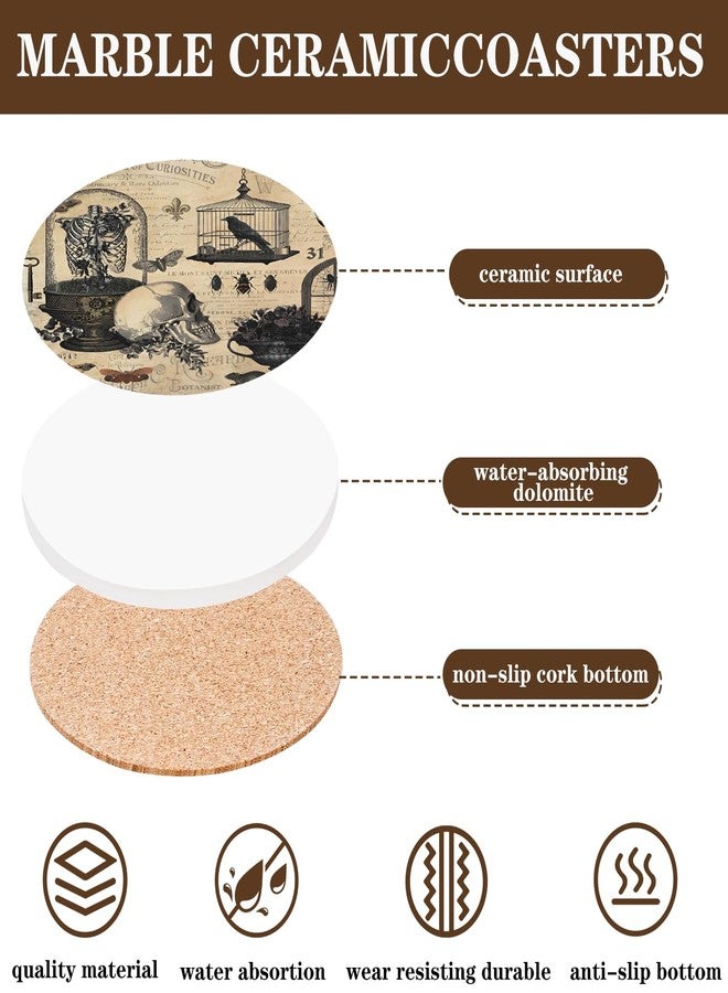 Whaline 6Pcs Halloween Coasters with Holder Vintage Owl Crow Skull Ceramic Drink Coasters Absorbent Cup Mat for Home Kitchen Party Table Protection - Image 3