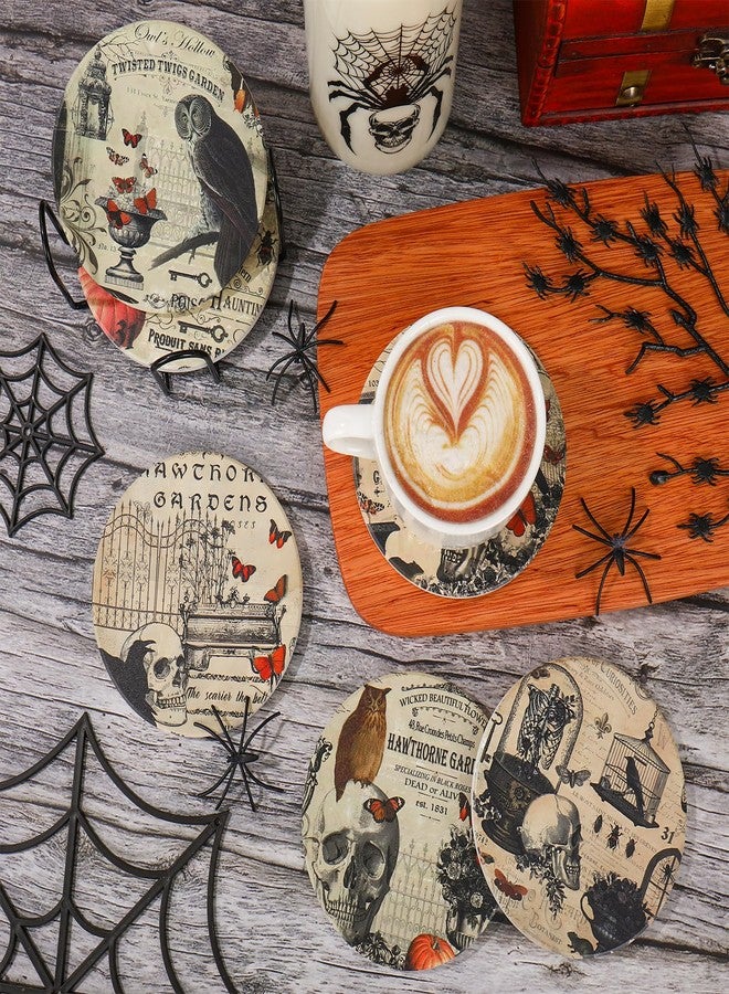 Whaline 6Pcs Halloween Coasters with Holder Vintage Owl Crow Skull Ceramic Drink Coasters Absorbent Cup Mat for Home Kitchen Party Table Protection - Image 4