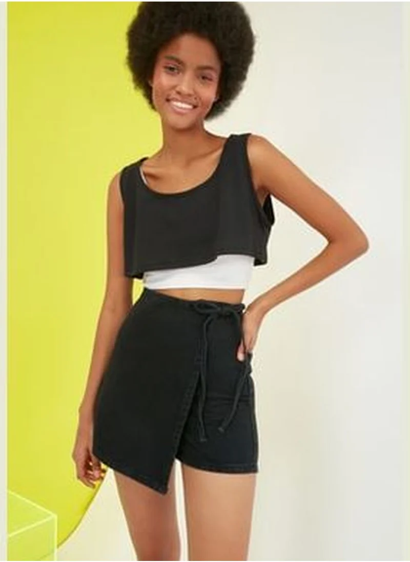 trendyol Black Asymmetrical Closed Denim Skirt with Shorts TWOSS21SR0166