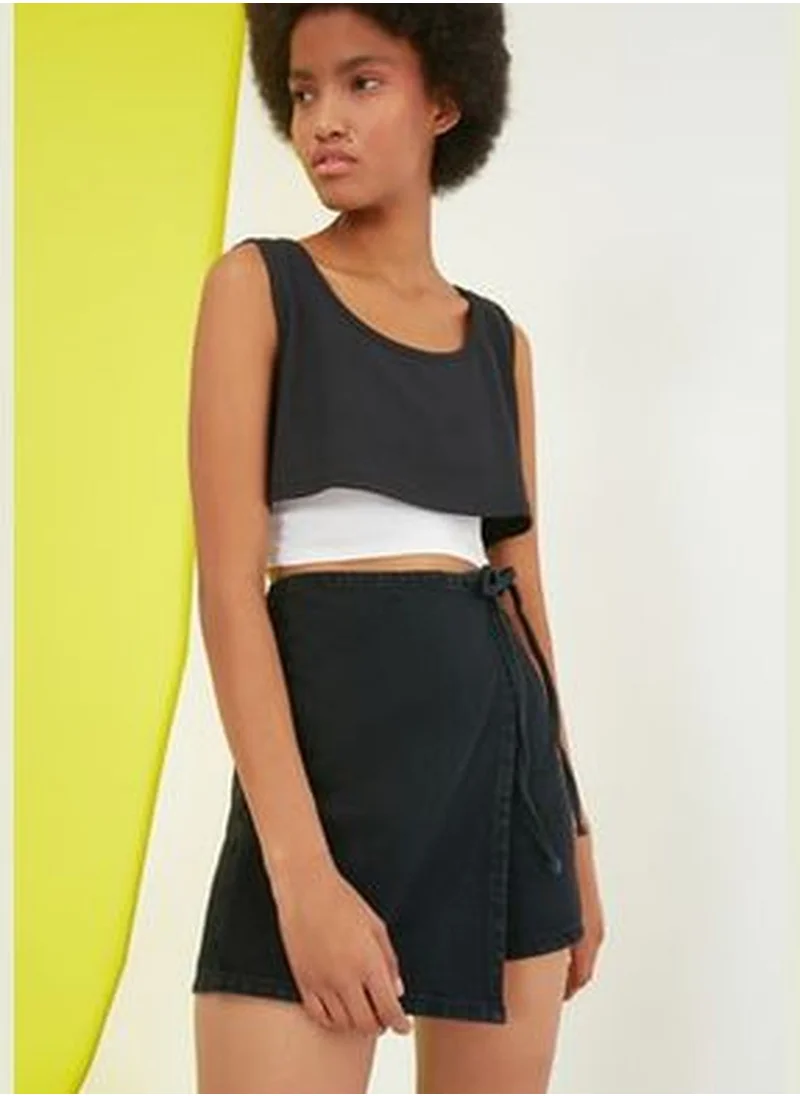 trendyol Black Asymmetrical Closed Denim Skirt with Shorts TWOSS21SR0166