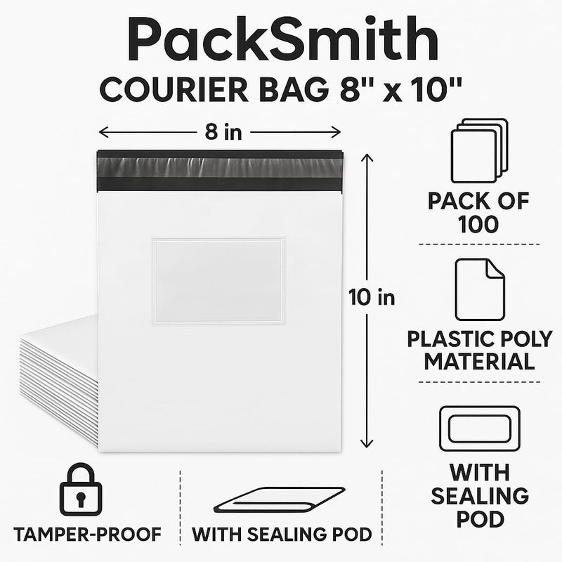 PackSmith Temper Proof Courier Bags 8x10 Inches (Pack of 100) | Secure POD Plastic Poly Mailer Envelopes for Shipping, Packing, Ecommerce & Logistics | Self-Sealing, Tear-Resistant Pouches - Image 2