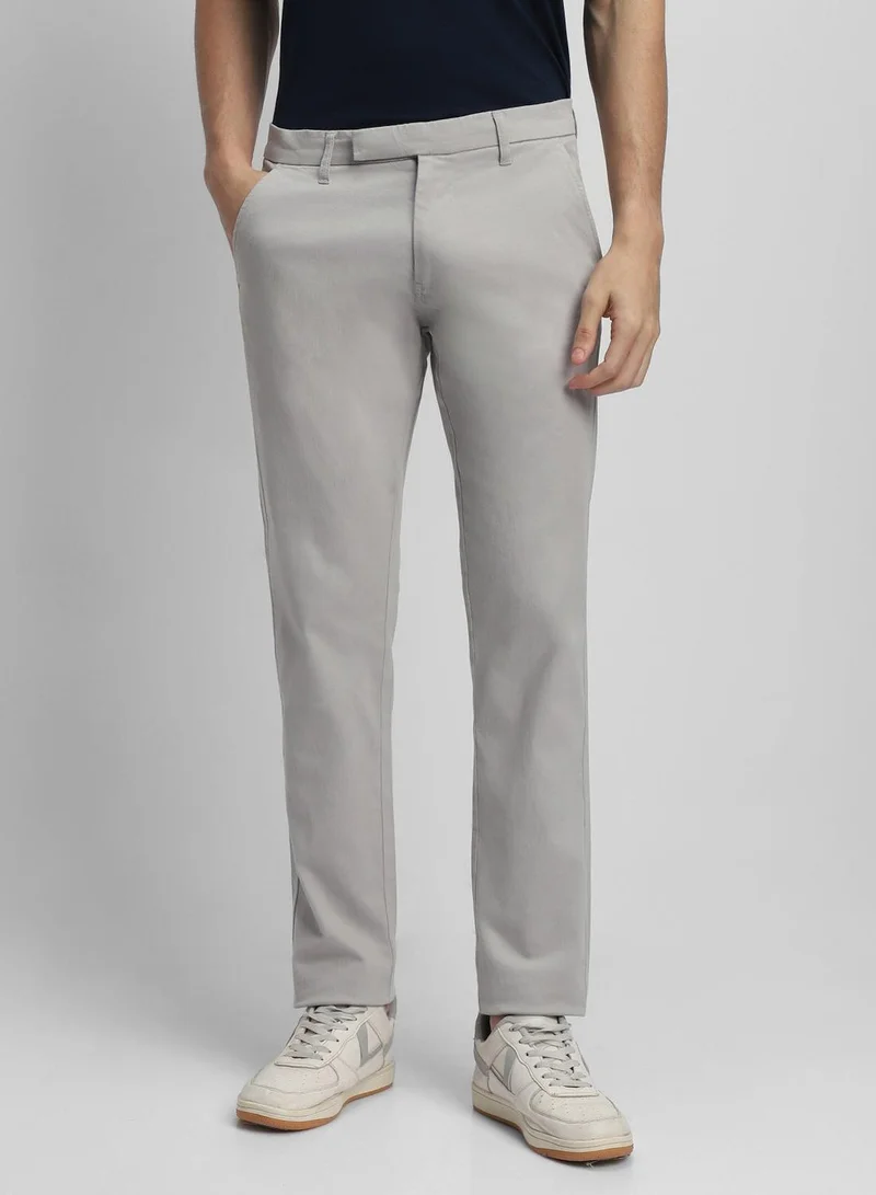 Men's Light Grey Cotton Blend Solid Full Length Chinos Slim Trouser