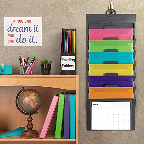 Samsill Cascading Wall File Organizer, Classrom Organization and Storage, 6 Removable Poly Hanging File Folders, Command Center Wall Organizer, Gray with Assorted Fashion Color Folders - Image 3