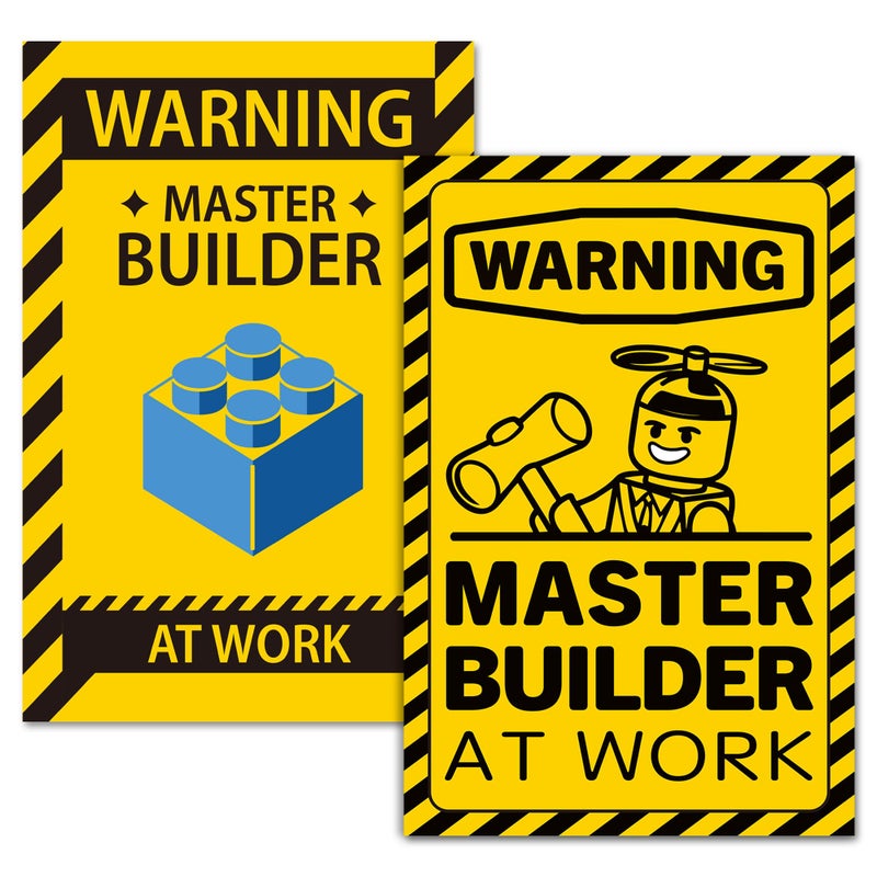 EliteSign 2 Pcs Wall Art Poster Caution Master Builder at Work, Vinyl Building Block Caution for Boys Room DÃ©cor, Fun Design Poster for Kids, Playful Room Decorations Stickers Included - Image 1