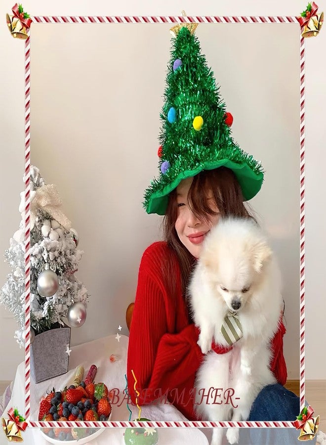 BASEMMAHER Christmas Hat Santa Green Christmas Tree Hat Shiny Tinsel Hat Non-Woven Fabric Rain Silk Glitter Christmas Tree Hat for Women Girls Adults Xmas Party Home Festival Holiday Costume Props - Image 4