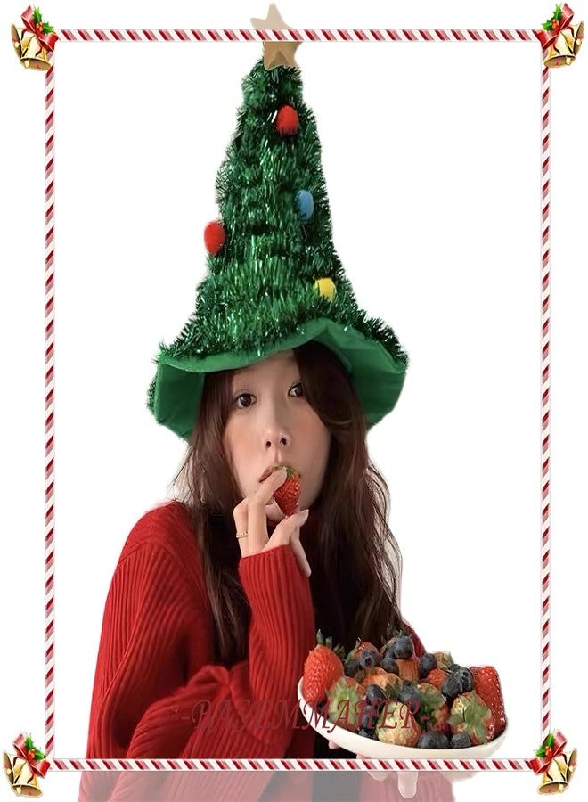 BASEMMAHER Christmas Hat Santa Green Christmas Tree Hat Shiny Tinsel Hat Non-Woven Fabric Rain Silk Glitter Christmas Tree Hat for Women Girls Adults Xmas Party Home Festival Holiday Costume Props - Image 3