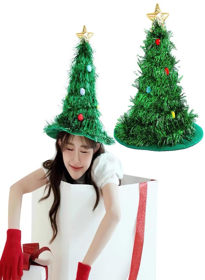 BASEMMAHER Christmas Hat Santa Green Christmas Tree Hat Shiny Tinsel Hat Non-Woven Fabric Rain Silk Glitter Christmas Tree Hat for Women Girls Adults Xmas Party Home Festival Holiday Costume Props - Image 1