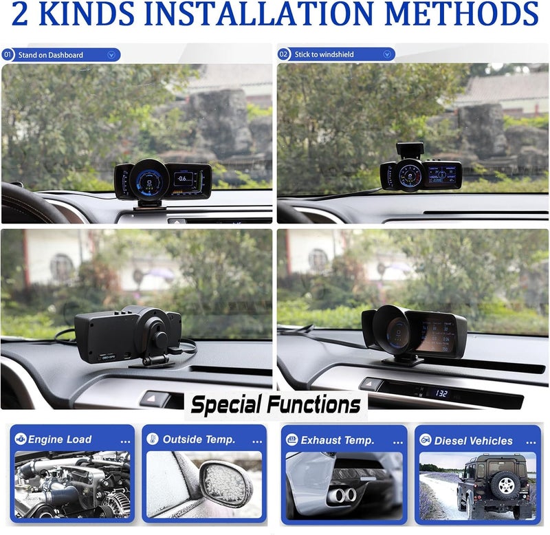 Geloo Car HUD Head Up Display with OBD2 + GPS Dual System Digtial Speedometer with 3 LCD Screens A600 Multi-Function Dashboard Computer Smart Speedometer Gauge for Universal All Vehicle Cars Truck - Image 5