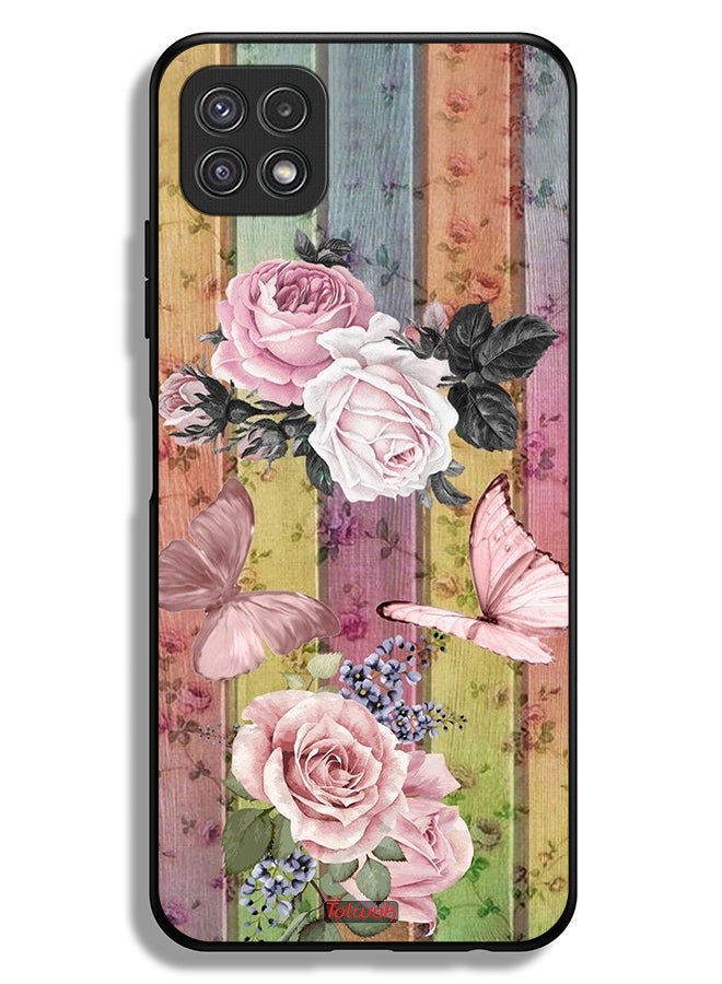 Tolwak Samsung Galaxy A22 5G Protective Case Cover Peach Butterflies And Roses - Image 1