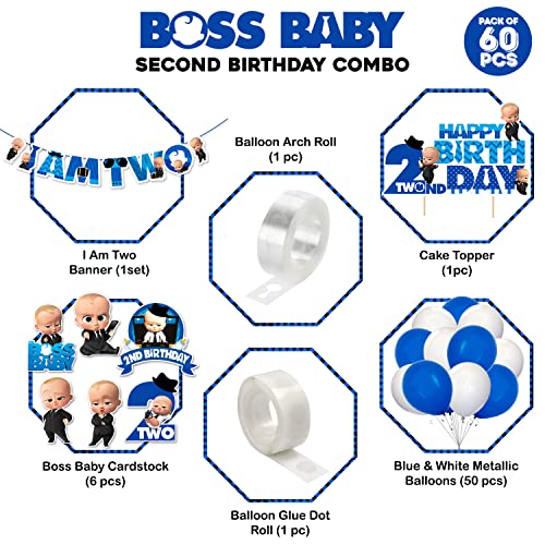 Zyozique Boss Baby Theme 2nd Birthday Decoration with Happy Birthday Paper Banner, Cardstock Cake Toppers, Metallic Balloons for Boys (Pack of 60) - Image 2