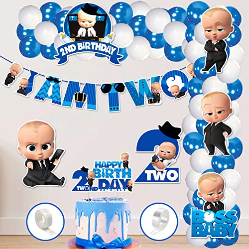 Zyozique Boss Baby Theme 2nd Birthday Decoration with Happy Birthday Paper Banner, Cardstock Cake Toppers, Metallic Balloons for Boys (Pack of 60) - Image 1