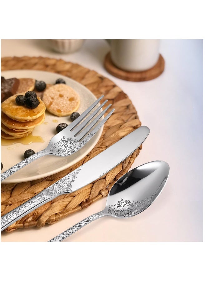 Elegant Floral Stainless Steel Flatware Set of 5 with Rose Design for Everyday Dining and Special Occasions - Image 3