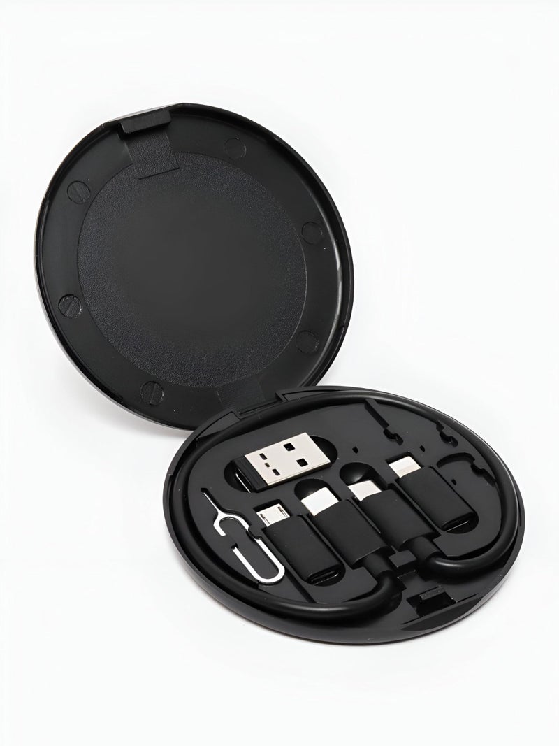 Charging Hub - Black USB cable converter with built-in SIM tray, micro data sharing tool, multi-type charger adapter and mobile holder combo