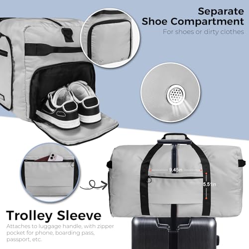Fmeida 65L Duffle Bag with Shoes Compartment, Foldable Travel Duffel Bags for Men Women, Large Packable Travel Bag Water Repellent & Tear Resistant (Light Gray) - Image 5