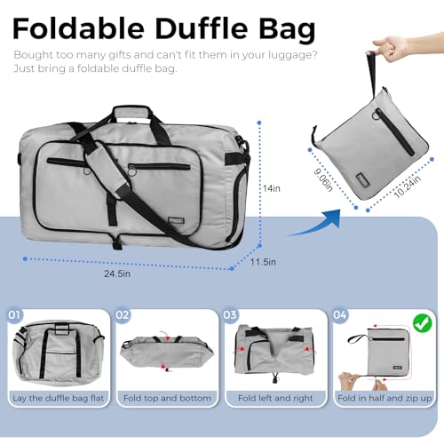 Fmeida 65L Duffle Bag with Shoes Compartment, Foldable Travel Duffel Bags for Men Women, Large Packable Travel Bag Water Repellent & Tear Resistant (Light Gray) - Image 3