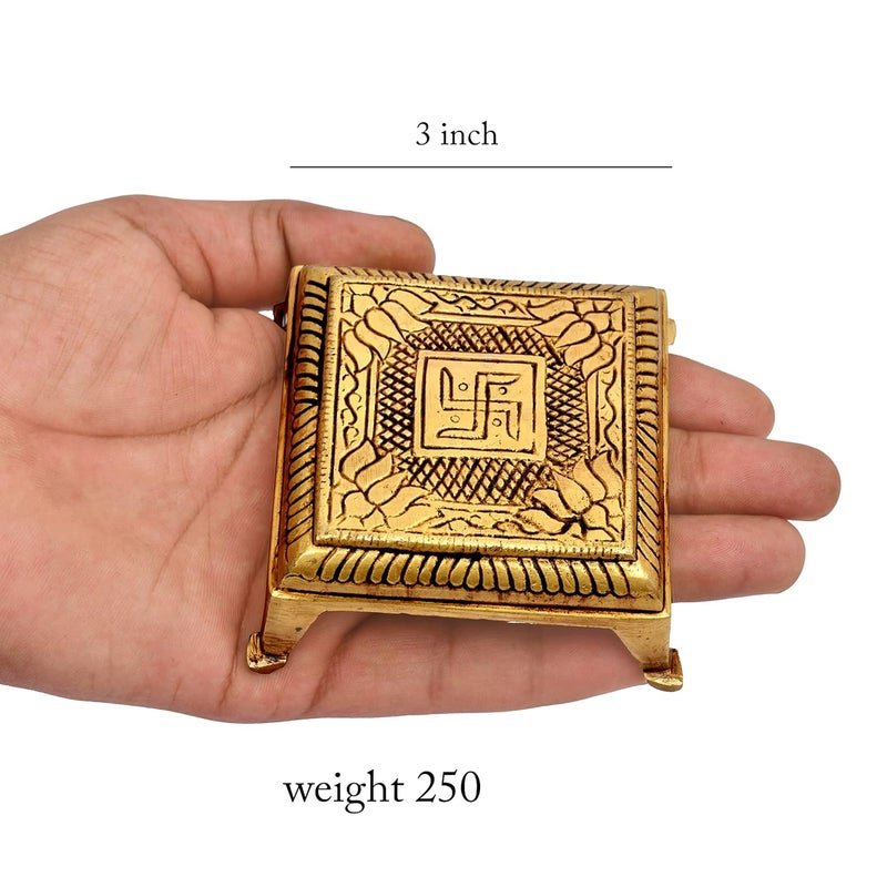 AargKraft Handmade Brass Swastika Engraved Brass Chowki Handcrafted Size 3 x 3 inch - Image 4