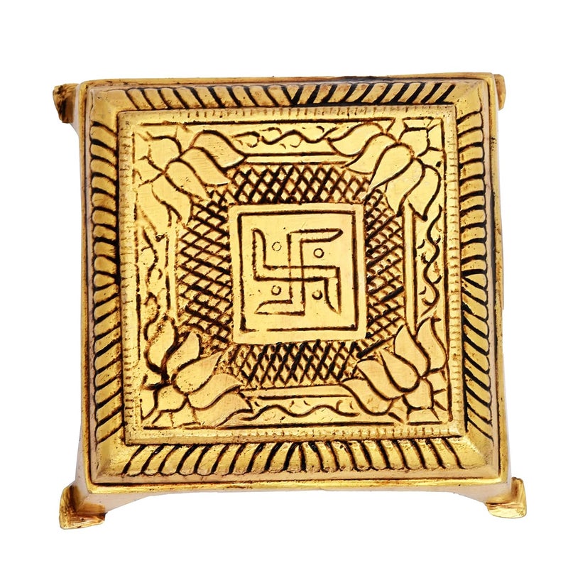 AargKraft Handmade Brass Swastika Engraved Brass Chowki Handcrafted Size 3 x 3 inch - Image 1