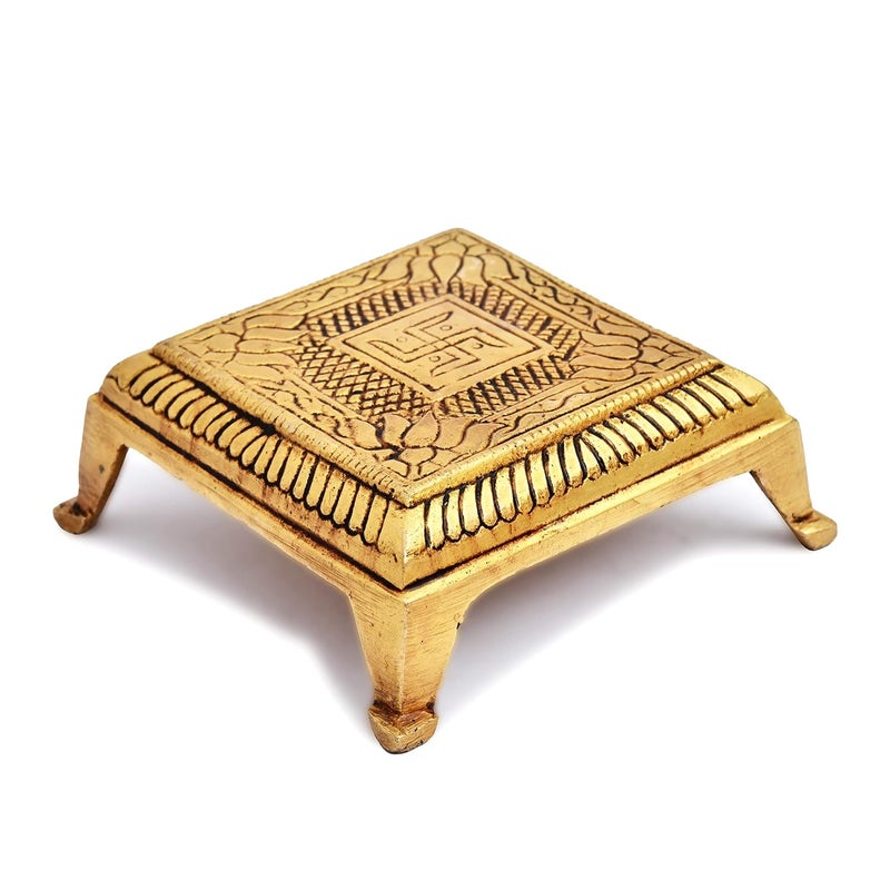 AargKraft Handmade Brass Swastika Engraved Brass Chowki Handcrafted Size 3 x 3 inch - Image 2