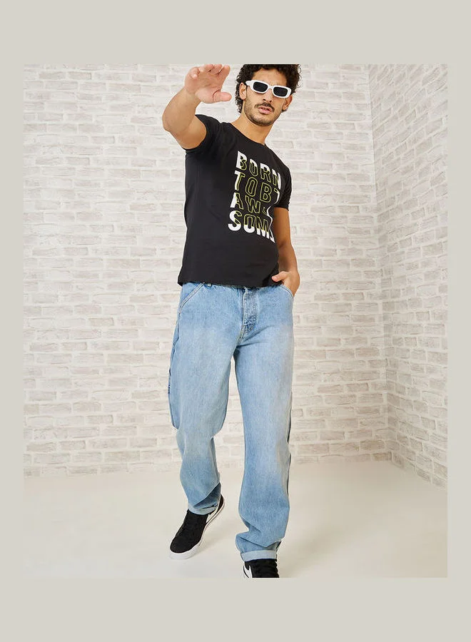 Styli  Pack of 2 Slogan Print Regular Fit Tshirt for Men | Best Price UAE