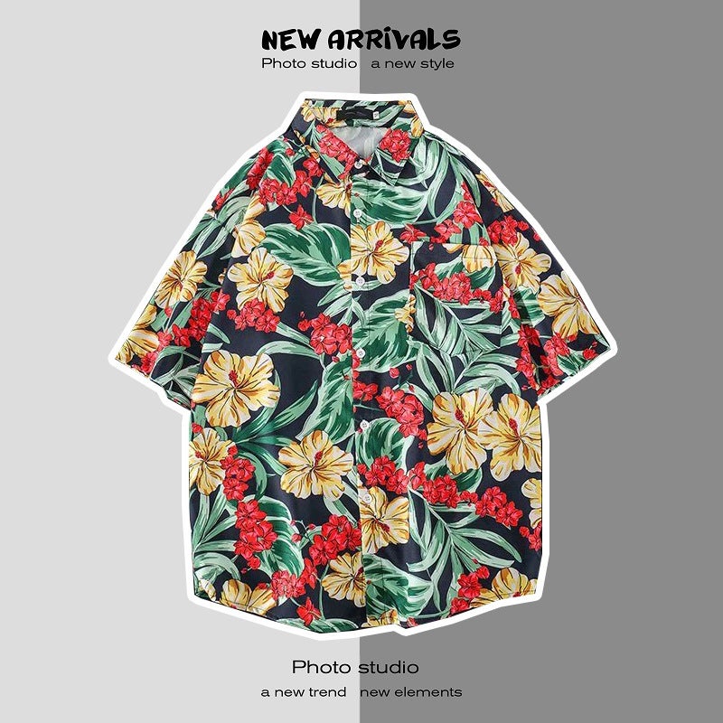 Japanese Style Instagram Style Summer Short-sleeved Floral Shirt for Men and Women Retro Loose Shirt for Hawaiian Beach Couple 1113 black