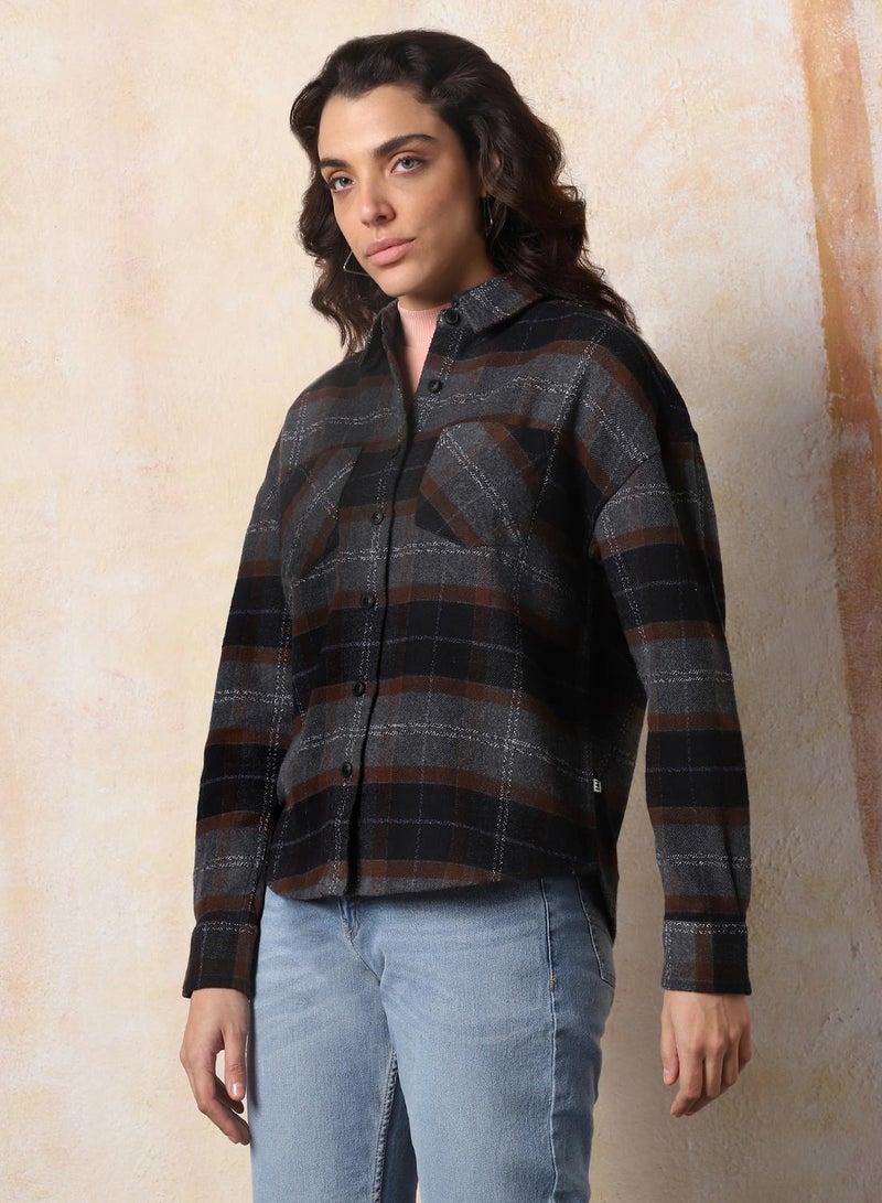 HIGH STAR Women Comfort Relaxed Fit Spread Collar Checked Cotton Casual Shirt  - Image 3