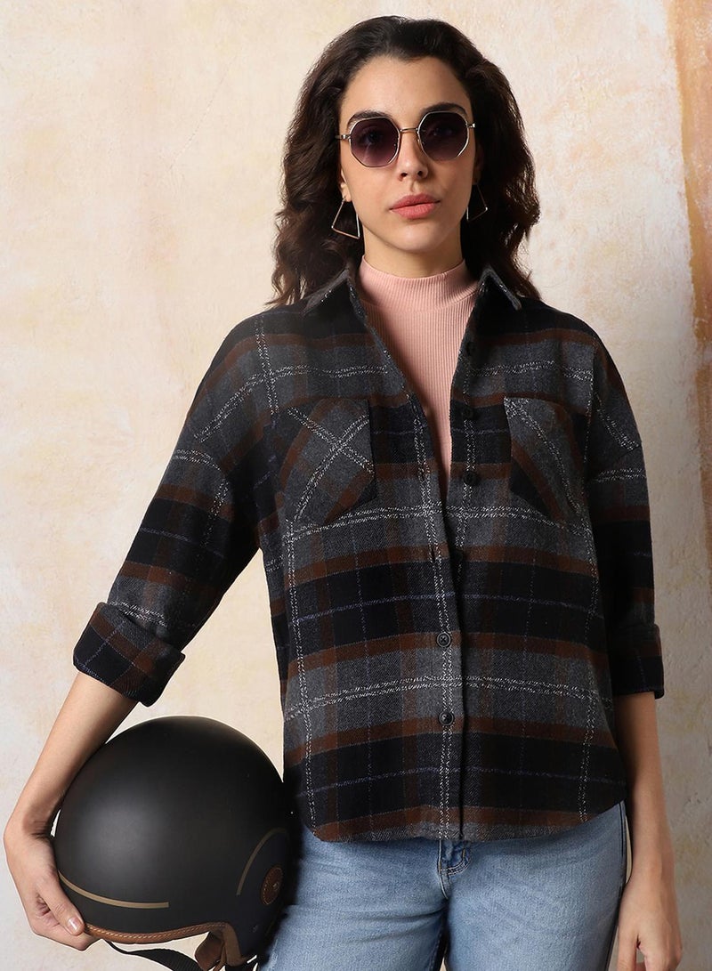 HIGH STAR Women Comfort Relaxed Fit Spread Collar Checked Cotton Casual Shirt  - Image 2